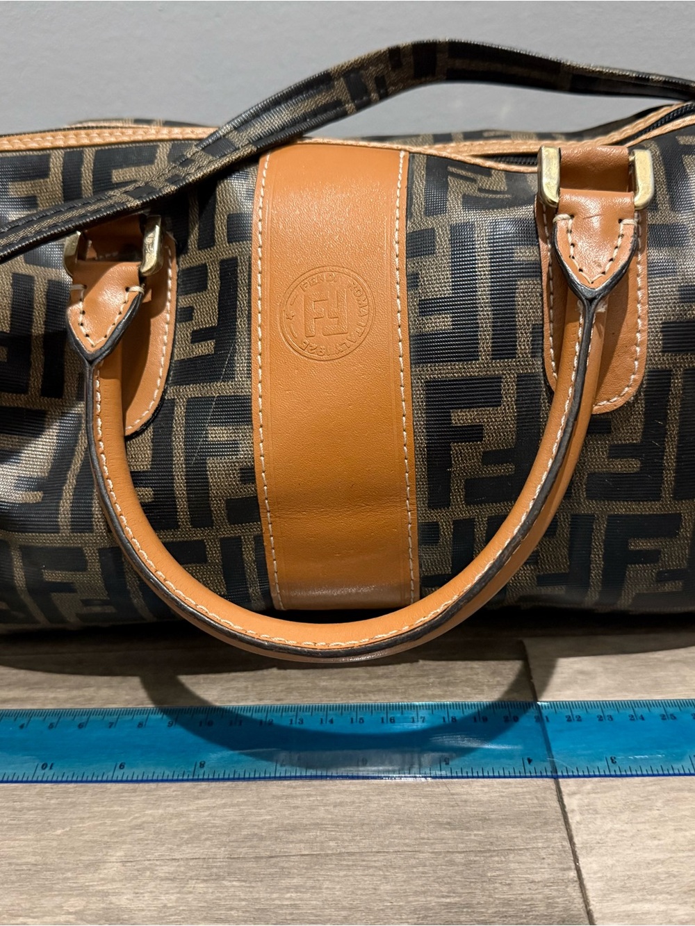 Fendi Brown FF Logo Barrel Bag with Tan Leather Trim
